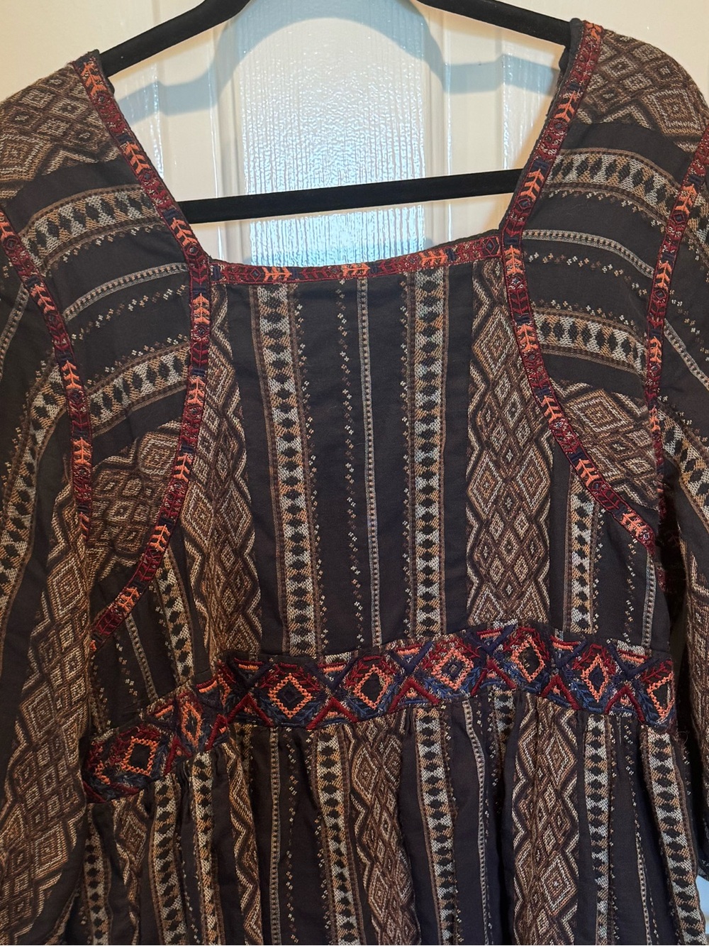 Anthropologie Textured Boho Print V-Neck Tunic Dress - Black with Rust Size 1X - Picture 12 of 16
